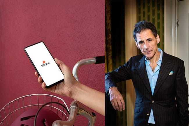 telefonskärm med storytels logotyp, och författaren david lagercrantz